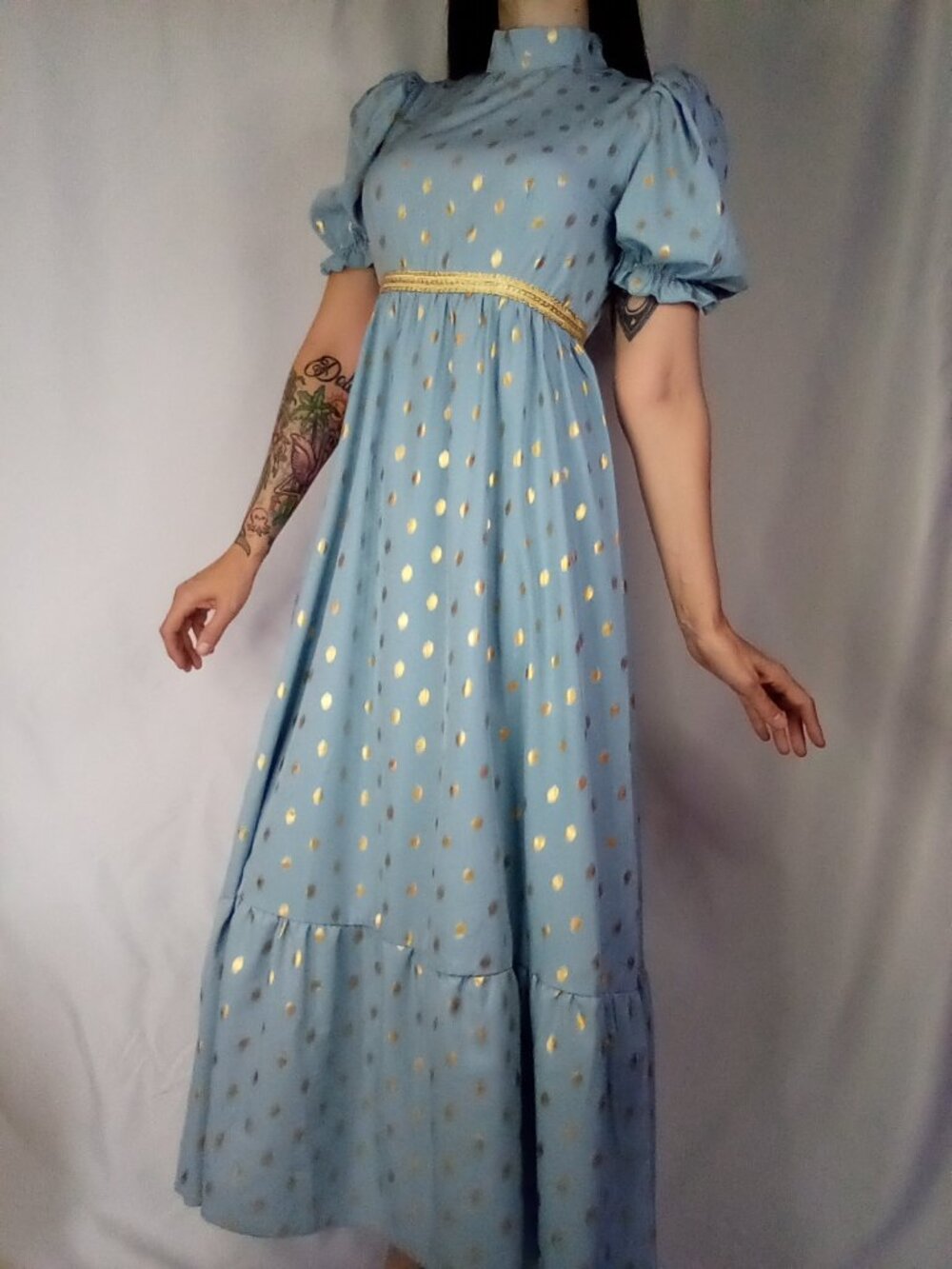 SHEIN Light Blue Empire Waist Dress with Gold Dots.